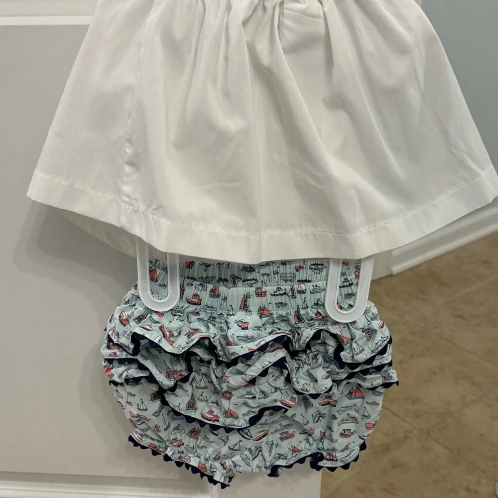 Sailboat Smocked Girls Outfit - White and Navy